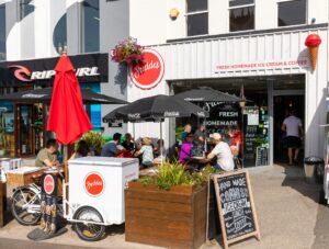 The exterior of Freddo's Ice cream on a sunny day in Newquay